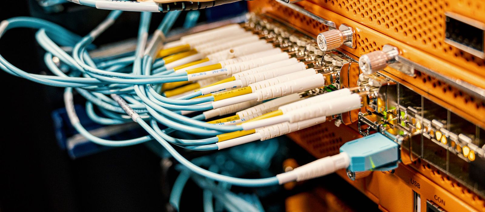 Fibre cables plugged into the ports of a network switch in a rack