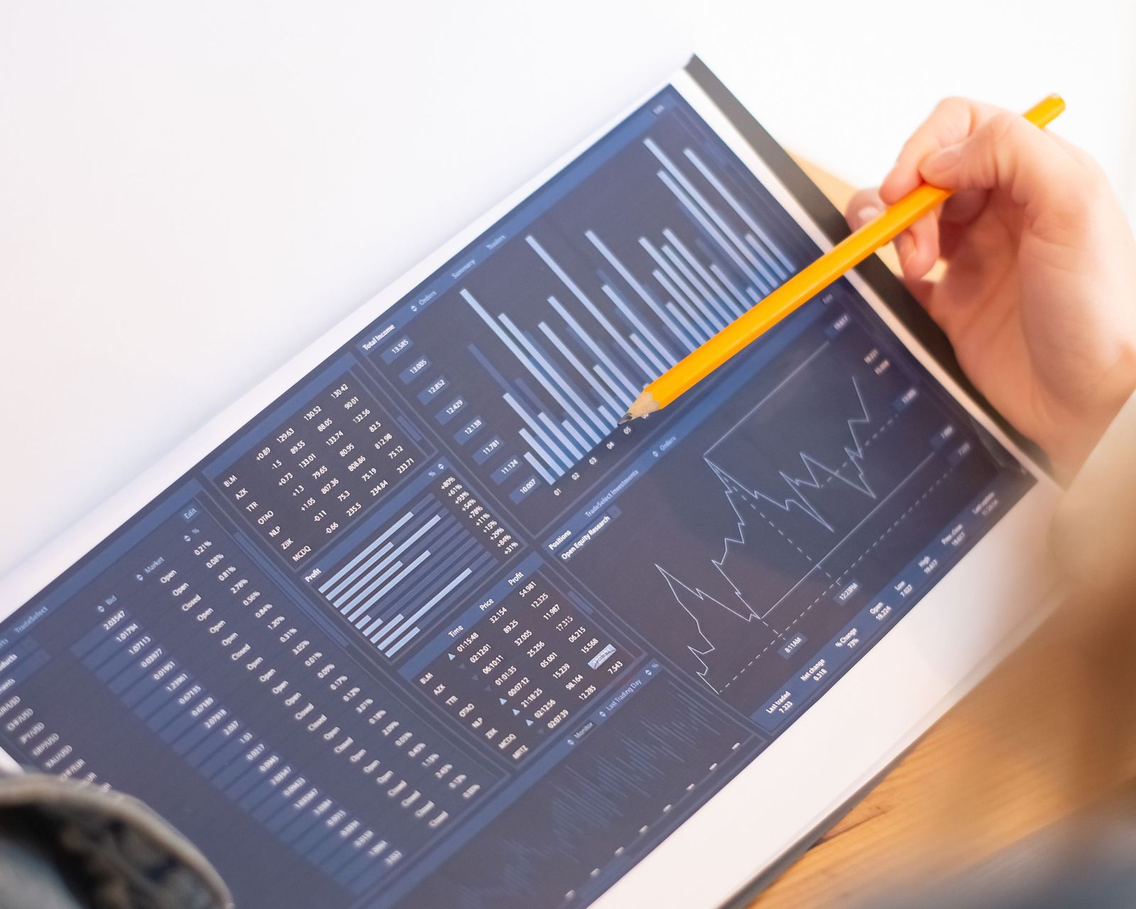 A hand with a pencil going through a printed report with charts and tables during a review